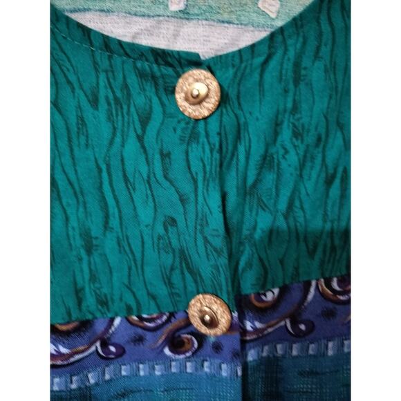 3499)Vtg Touche Blue Purple Aqua Hand Drawn Button Up Short Sleeve Blouse XL? - Picture 2 of 6